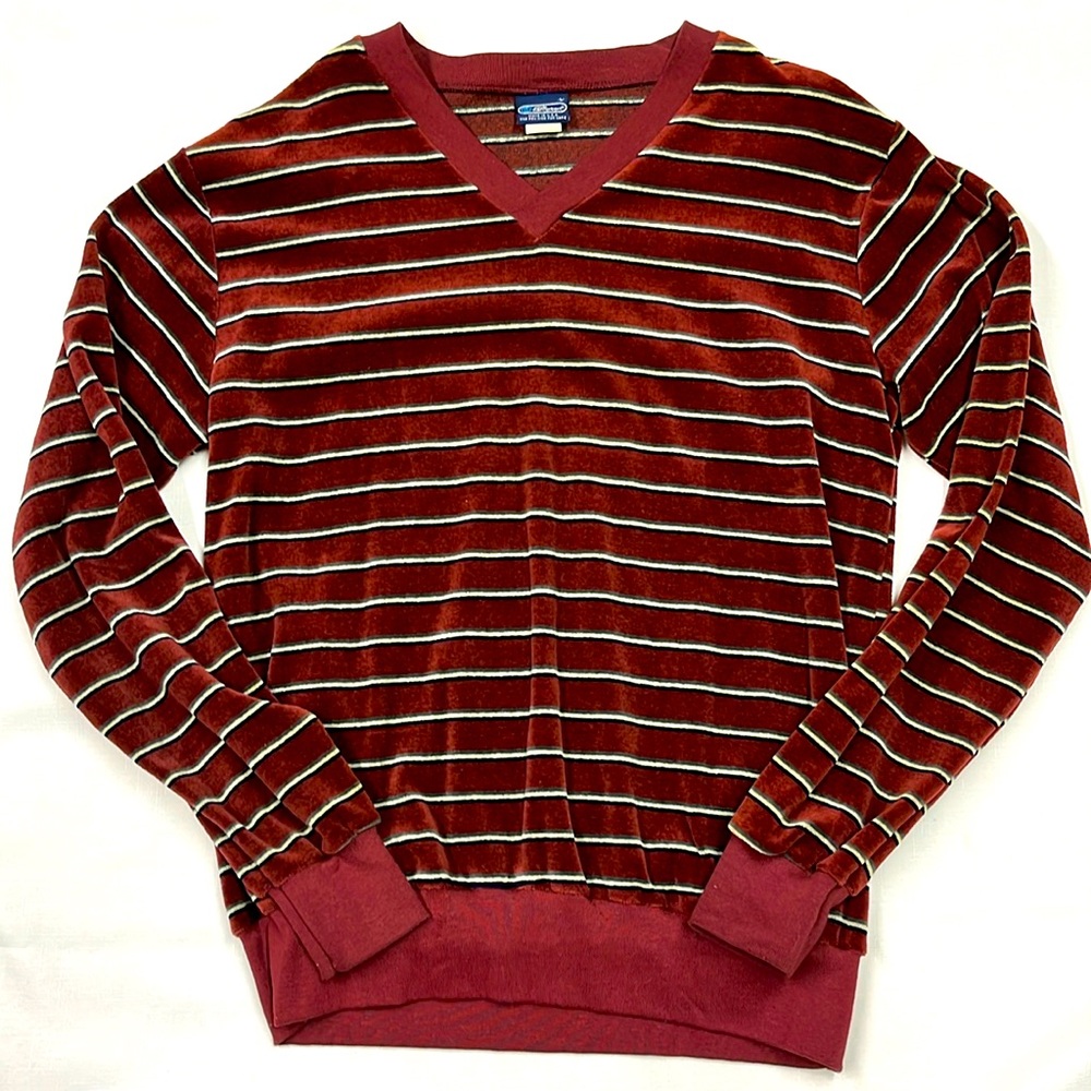 Retro Velour 90s Striped Sweater - V-Neck - Red/White - Large